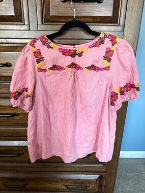 Boden Pink Embroidered Floral Linen Top